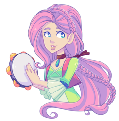 Size: 781x798 | Tagged: safe, artist:looji, fluttershy, human, equestria girls, friendship through the ages, g4, my little pony equestria girls: rainbow rocks, female, folk fluttershy, human coloration, musical instrument, ponytail, solo, tambourine