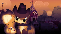 Size: 1920x1080 | Tagged: safe, artist:templarhappy, edit, applejack, braeburn, g4, cousins, eyes closed, glowing, hammer, hug, mouth hold, nails, smiling, sweet apple acres, vector, wallpaper, wallpaper edit