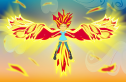 Size: 2499x1637 | Tagged: safe, artist:amante56, sunset shimmer, equestria girls, g4, my little pony equestria girls: rainbow rocks, my past is not today, abstract background, female, fiery wings, shimmercorn, solo, sunset phoenix