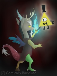 Size: 768x1024 | Tagged: safe, artist:comically backfired, discord, g4, bill cipher, crossover, evil