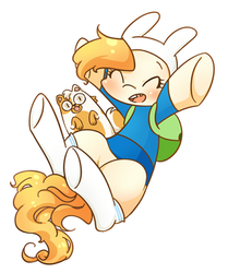 Size: 319x382 | Tagged: safe, artist:yukandasama, cat, adventure time, backpack, blushing, cake the cat, clothes, eyes closed, finn the human, fionna the human, gap teeth, happy, hat, hooves, jake the dog, male, open mouth, pixiv, ponified, rabbit hat, rule 63, shirt, simple background, socks, solo, species swap