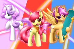 Size: 700x466 | Tagged: safe, artist:hashioaryut, apple bloom, scootaloo, sweetie belle, earth pony, pegasus, pony, unicorn, g4, alternate cutie mark, bow, cutie mark, cutie mark crusaders, female, hair bow, kerchief, mare, older, pixiv, scooter