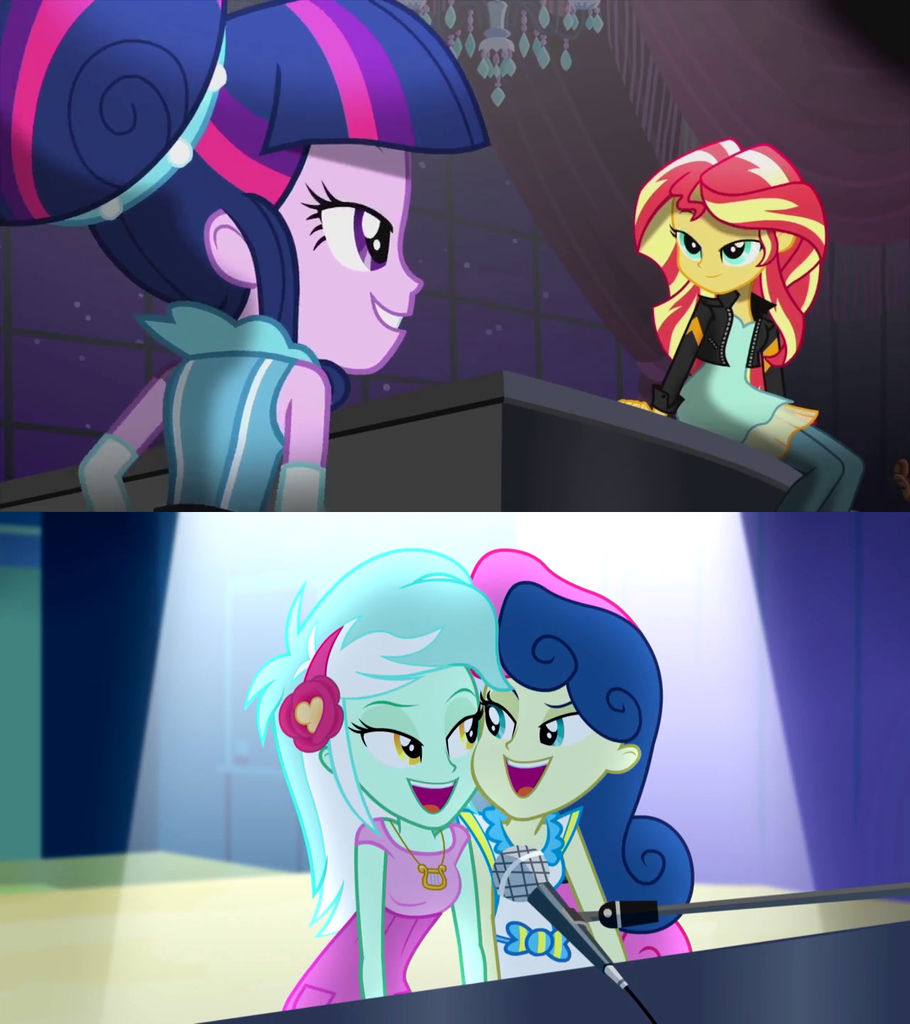 862306 Safe Edit Edited Screencap Screencap Bon Bon Lyra Heartstrings Sunset Shimmer 5834