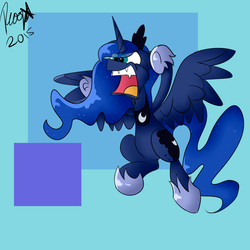 Size: 894x894 | Tagged: safe, artist:blu-boisen, artist:neoncel, princess luna, g4, angry, collaboration, female, frown, glare, growling, open mouth, rearing, sharp teeth, solo, spread wings