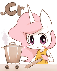 Size: 800x1000 | Tagged: safe, artist:joycall6, part of a set, princess celestia, pony, series:joycall6's periodic table, g4, apron, bipedal, chemistry, chromium, clothes, cooking, cooking pot, female, hoof hold, pan, periodic table, pink-mane celestia, pot, solo, stainless steel