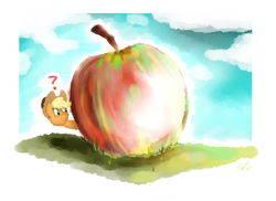 Size: 2465x1799 | Tagged: safe, artist:tat3xd, applejack, g4, apple, female, giant apple, question mark, solo