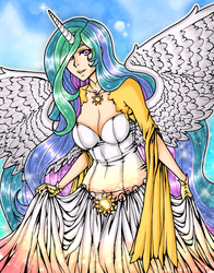 Size: 800x1022 | Tagged: safe, artist:moonlightprincess002, artist:samurainataku, princess celestia, human, g4, cleavage, clothes, female, gloves, horn, horned humanization, humanized, looking at you, solo, winged humanization