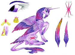 Size: 6535x4808 | Tagged: safe, artist:dawn22eagle, twilight sparkle, alicorn, classical unicorn, pony, g4, absurd resolution, crown, cutie mark, feather, headcanon, horn, leonine tail, solo, tail feathers, traditional art, twilight sparkle (alicorn)