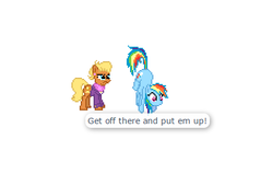 Size: 470x298 | Tagged: safe, ms. harshwhinny, rainbow dash, earth pony, pegasus, pony, g4, cute, desktop ponies, frown, ms. cutewhinny, pixel art, tail, tail pull, unamused