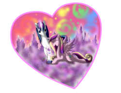 Size: 2136x1644 | Tagged: safe, artist:fluffycawwot, princess cadance, shining armor, g4, eyes closed, flower, happy, prone, spread wings