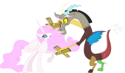 Size: 5103x3000 | Tagged: safe, artist:theshadowstone, discord, princess celestia, g4, cotton candy, food, grin, hypnosis, hypnotized, open mouth, raised hoof, simple background, transparent background, vector