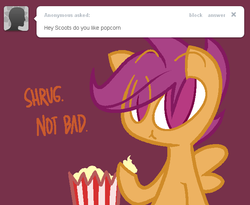 Size: 650x532 | Tagged: safe, artist:frostedwarlock, scootaloo, g4, ask, female, popcorn, rainbow dash replies, solo, tumblr