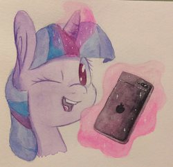 Size: 1312x1264 | Tagged: safe, artist:flowbish, twilight sparkle, alicorn, pony, g4, female, iphone, magic, mare, selfie, solo, traditional art, twilight sparkle (alicorn), watercolor painting