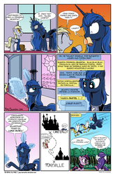 Size: 1280x1944 | Tagged: safe, artist:pony-berserker, editor:the luna fan, derpy hooves, kibitz, princess luna, rarity, tiberius, twilight sparkle, pegasus, pony, comic:la gripe real, g4, chariot, circling stars, comic, female, i can't believe it's not idw, letter, levitation, magic, mare, royal guard, scroll, spanish, translation, translator:the-luna-fan