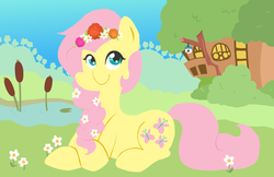 Size: 800x518 | Tagged: safe, artist:frog&cog, fluttershy, g4, female, floral head wreath, flower, solo, spring