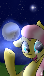 Size: 700x1200 | Tagged: safe, artist:diax, fluttershy, g4, cute, female, greeting, moon, solo, underhoof