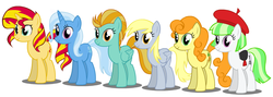 Size: 1097x390 | Tagged: artist needed, safe, carrot top, derpy hooves, drama letter, golden harvest, lightning dust, sunset shimmer, trixie, watermelody, pony, unicorn, equestria girls, g4, alternate mane six, background human, female, mare, simple background, standing, underp, vector, white background