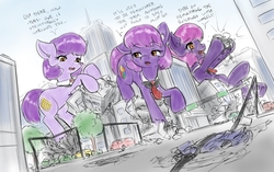 Size: 1312x823 | Tagged: safe, artist:alloyrabbit, idw, excel (g4), outlook (g4), powerpoint (g4), pony, g4, spoiler:comic, spoiler:comicff15, bus, car, city, cityscape, crushed, crushed vehicle, destruction, giant pony, giant/macro earth pony, macro, skyscraper, truck, van
