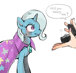 Size: 500x480 | Tagged: safe, artist:wan, trixie, human, g4, engagement ring, female, lesbian, marriage proposal, offscreen character