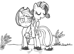 Size: 1174x857 | Tagged: safe, artist:topaztortise, applejack, rarity, g4, cattails, duo, grayscale, monochrome, mud, ponies riding ponies, rarity riding applejack, reeds, riding, traditional art, unamused