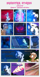 Size: 2429x4666 | Tagged: safe, artist:estories, oc, oc only, oc:möbius, pony, unicorn, comic:find yourself, comic, crystal, energy blast, full moon, glowing, glowing eyes, moon, red eyes, scar