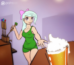 Size: 1280x1121 | Tagged: safe, artist:scorpdk, flitter, human, g4, alcohol, bar, beer, bow, cleavage, clothes, clover, explicit source, eyebrows, eyebrows visible through hair, female, hair bow, humanized, ireland, looking at you, open mouth, saint patrick's day, shorts, smiling, solo, tank top