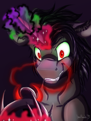 Size: 900x1200 | Tagged: safe, artist:inuhoshi-to-darkpen, king sombra, pony, unicorn, a tale of one shadow, g4, black magic, corrupted, crown, dark magic, jewelry, looking down, magic, male, purple background, regalia, simple background, solo, stallion, young sombra