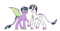 Size: 2867x1514 | Tagged: safe, artist:pikokko, oc, oc only, oc:jade, oc:prince supernova, dracony, hybrid, holding hooves, implied incest, interdimensional siblings, interspecies offspring, offspring, parent:spike, parent:twilight sparkle, parents:twispike, simple background, white background