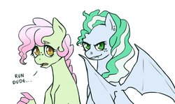 Size: 1400x832 | Tagged: safe, artist:pikokko, oc, oc only, oc:peppermint, oc:spearmint, dracony, hybrid, interspecies offspring, looking at you, offspring, offspring's offspring, parent:oc:cotton candy, parent:oc:turquoise blitz, parents:oc x oc, sisters, speech bubble