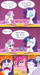 Size: 2550x4717 | Tagged: safe, artist:t-3000, pinkie pie, rarity, sweetie belle, g4, comic, messy eating, pun, red face, tea party, uvula