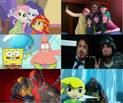 Size: 1024x856 | Tagged: safe, screencap, fluttershy, rarity, sunset shimmer, equestria girls, g4, my little pony equestria girls: rainbow rocks, atlantis squarepantis, big hero 6, but first let me take a selfie, comparison, deadpool, frederick flamarion frederickson, game grumps, ganondorf, gogo tomago, hiro hamada, honey lemon (big hero 6), iron man, link, male, marvel, patrick star, selfie, spongebob squarepants, spongebob squarepants (character), tadashi hamada, the legend of zelda, the legend of zelda: the wind waker, tony stark, toon link, wasabi (big hero 6), wolverine, x-men