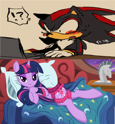 Size: 700x754 | Tagged: safe, artist:illuminatiums, edit, twilight sparkle, hedgehog, pony, unicorn, g4, bed, bedroom eyes, bracelet, copy and paste, crossover, female, fluffy, golden oaks library, horn, horn ring, jewelry, looking at you, lying down, lying on bed, male, mare, on bed, on side, reaction, ring, saddle, shadow the hedgehog, show accurate, smiling, solo, sonic the hedgehog (series), tack, unicorn twilight