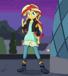 Size: 5653x6341 | Tagged: safe, artist:thebrokencog, sunset shimmer, equestria girls, g4, my little pony equestria girls: rainbow rocks, my past is not today, absurd resolution, boots, canterlot high, clothes, female, high heel boots, high heels, rooftop, shoes, solo