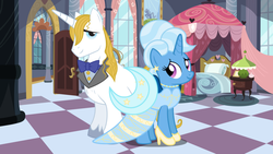 Size: 900x506 | Tagged: safe, artist:3d4d, artist:atomicmillennial, artist:boneswolbach, prince blueblood, trixie, pony, unicorn, g4, alternate hairstyle, canterlot, clothes, dress, duo, female, honeymoon, male, mare, ship:bluetrix, shipping, straight