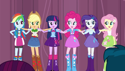 Size: 1920x1080 | Tagged: safe, screencap, applejack, fluttershy, mystery mint, pinkie pie, rainbow dash, rarity, thunderbass, twilight sparkle, equestria girls, g4, my little pony equestria girls, background human, happy, humane six, mane six, smiling, time to come together