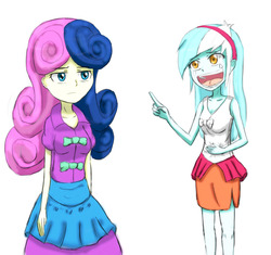 Size: 1186x1114 | Tagged: safe, artist:jumboz95, bon bon, lyra heartstrings, sweetie drops, equestria girls, g4, life is a runway, bon bon is not amused, laughing, lyra is amused, pointing
