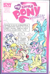 Size: 691x1018 | Tagged: safe, artist:polo-jasso, idw, applejack, fluttershy, pinkie pie, rainbow dash, rarity, twilight sparkle, alicorn, pegasus, pony, friendship is magic #13, g4, blushing, cerdotado, comic, cover, cutie mark, el cerdotado, faint, female, mane six, mare, musical instrument, spanish, trombone, twilight sparkle (alicorn)