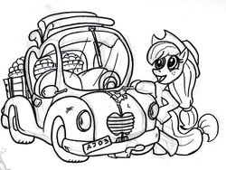 Size: 2137x1608 | Tagged: safe, artist:duragan, applejack, earth pony, semi-anthro, g4, applejack truck, female, monochrome, sketch, solo, truck