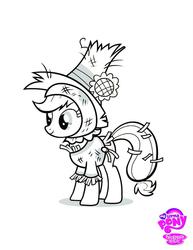 Size: 742x960 | Tagged: safe, applejack, g4, official, clothes, coloring page, costume, female, lineart, monochrome, my little pony logo, scarecrow, solo