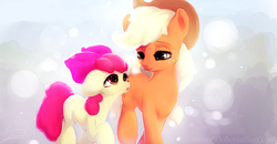 Size: 1000x518 | Tagged: safe, artist:sverre93, apple bloom, applejack, earth pony, pony, g4, female, filly, foal, mare