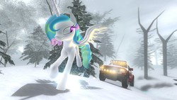 Size: 1920x1080 | Tagged: safe, artist:aisoftplayer1234, princess celestia, alicorn, pony, g4, 3d, alternate hairstyle, female, gmod, snow, solo, truck