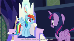 Size: 1278x713 | Tagged: safe, screencap, rainbow dash, twilight sparkle, alicorn, pony, g4, the cutie map, divorce, female, mare, meme, twilight sparkle (alicorn), youtube caption