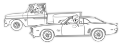 Size: 7504x2984 | Tagged: safe, artist:the-intimidator, applejack, rainbow dash, g4, car, chevrolet, chevrolet camaro, monochrome, truck