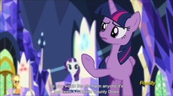 Size: 1281x714 | Tagged: safe, screencap, applejack, rarity, twilight sparkle, alicorn, pony, g4, the cutie map, catholicism, female, mare, meme, religion, twilight sparkle (alicorn), youtube caption