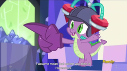 Size: 1278x712 | Tagged: safe, screencap, spike, g4, the cutie map, cutie map, drinking hat, gem helmet, hat, helmet, meme, youtube caption