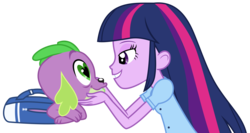 Size: 3508x1873 | Tagged: safe, hundreds of users filter this tag, spike, twilight sparkle, dog, equestria girls, g4, backpack, bedroom eyes, duo, female, heart eyes, love, male, ship:twispike, shipping, show accurate, simple background, smiling, spike the dog, spikelove, straight, transparent background, twilight sparkle (alicorn), wingding eyes