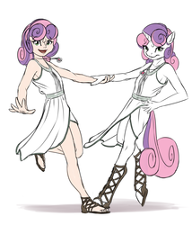 Size: 1500x1750 | Tagged: safe, artist:mykegreywolf, sweetie belle, human, anthro, unguligrade anthro, g4, anthro ponidox, armpits, clothes, dancing, dress, feet, grin, hoof sandals, hooves, human anthrodox, humanized, looking at you, necklace, open mouth, sandals, self ponidox, smiling