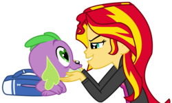 Size: 3139x1886 | Tagged: safe, hundreds of users filter this tag, spike, sunset shimmer, dog, equestria girls, g4, backpack, bedroom eyes, female, heart eyes, love, male, ship:sunsetspike, shipping, show accurate, simple background, smiling, spike the dog, spikelove, straight, transparent background, vector, wingding eyes