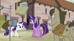 Size: 1280x712 | Tagged: safe, screencap, rarity, tailor made, twilight sparkle, alicorn, pony, g4, the cutie map, cloak, clothes, female, male, mare, meme, stallion, trio, twilight sparkle (alicorn), youtube caption