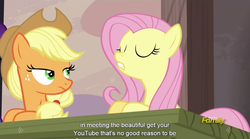 Size: 1279x711 | Tagged: safe, screencap, applejack, fluttershy, g4, my little pony: friendship is magic, the cutie map, meme, youtube caption